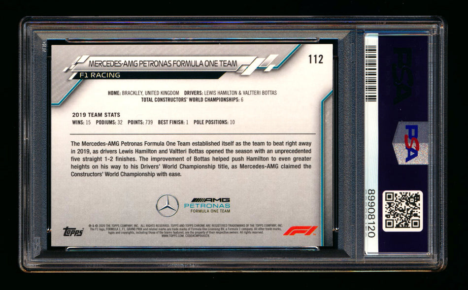 2020 Topps Chrome F1 #112 Mercedes-AMG Petronas Team Logo RC 70th Anniversary Orange Refractor PSA 9