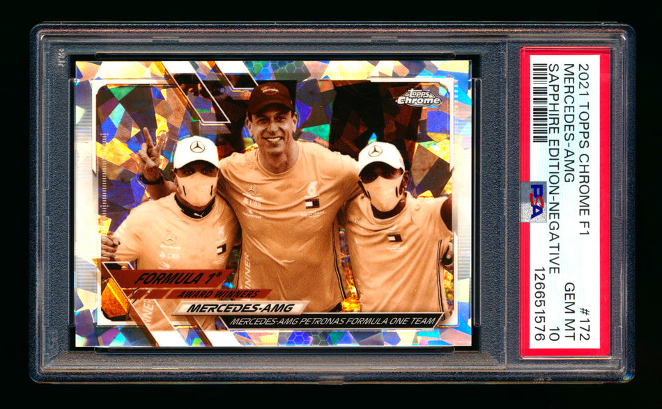 2021 Topps Chrome Sapphire F1 #172 Mercedes-AMG Petronas Lewis Hamilton/Valtteri Bottas/Toto Wolff Negative Refractor #082/100 PSA 10