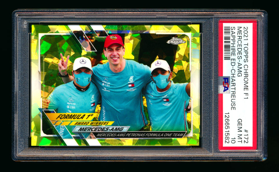 2021 Topps Chrome Sapphire F1 #172 Mercedes-AMG Petronas Lewis Hamilton/Valtteri Bottas/Toto Wolff Chartreuse Refractor #171/199 PSA 10