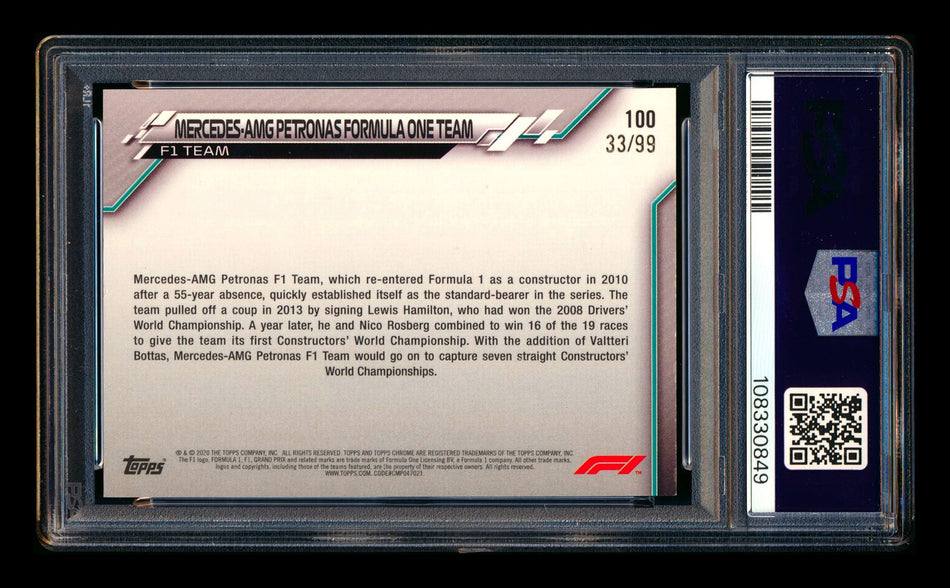 2020 Topps Chrome Sapphire F1 #100 Lewis Hamilton RC Aqua Refractor #33/99 PSA 8