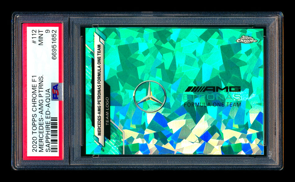 2020 Topps Chrome Sapphire F1 #112 Mercedes AMG Petronas Team Logo RC Aqua Refractor #47/99 PSA 9