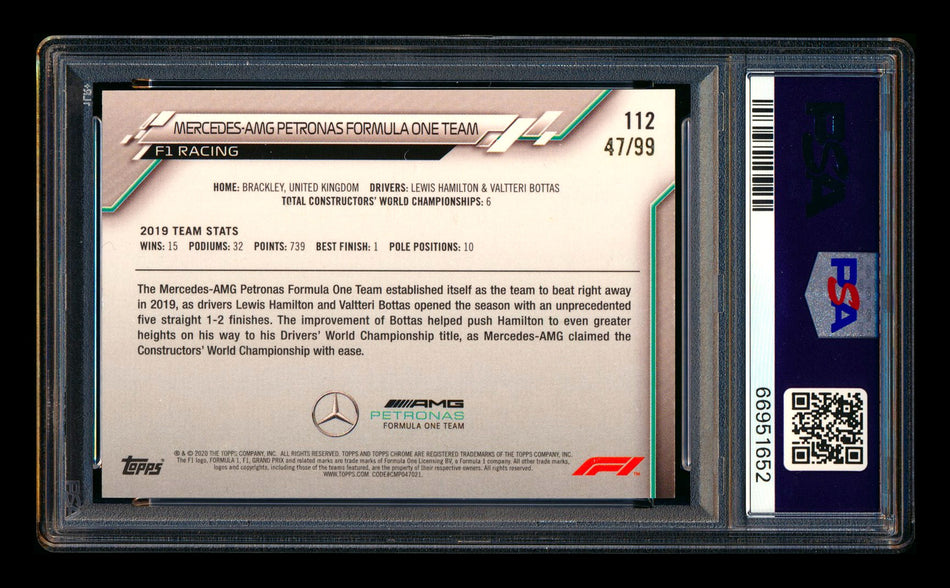 2020 Topps Chrome Sapphire F1 #112 Mercedes AMG Petronas Team Logo RC Aqua Refractor #47/99 PSA 9