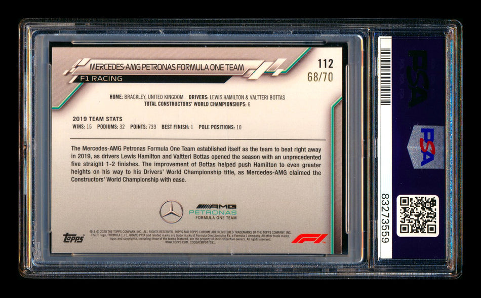 2020 Topps Chrome Sapphire F1 #112 Mercedes AMG Petronas Team Logo RC 70th Silver Refractor #68/70 PSA 10