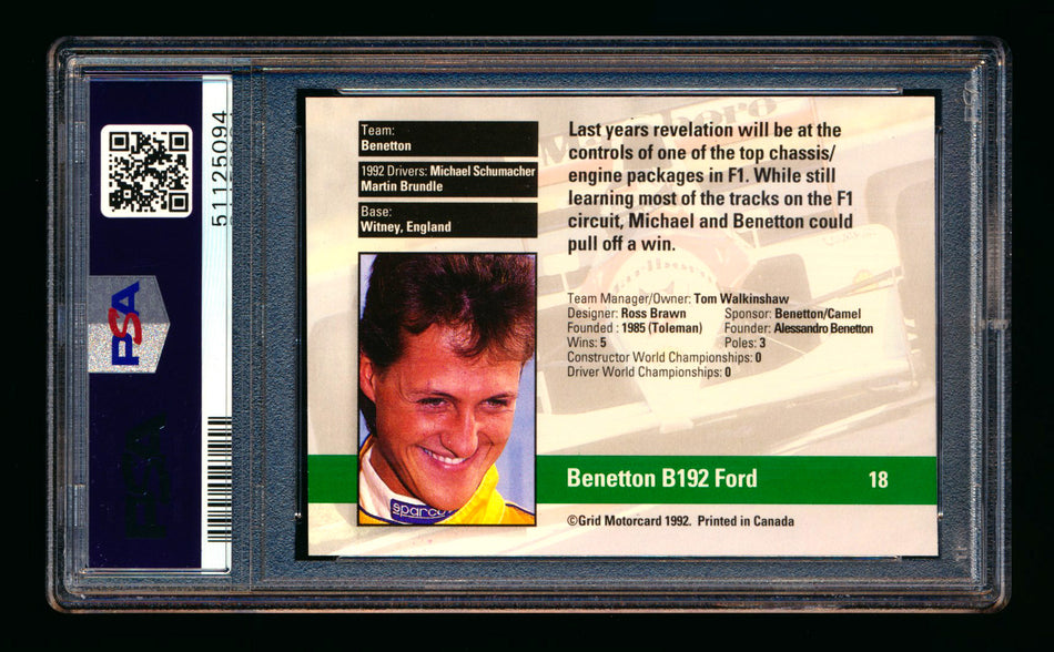 1992 Grid F1 #18 Michael Schumacher RC Rookie PSA 10