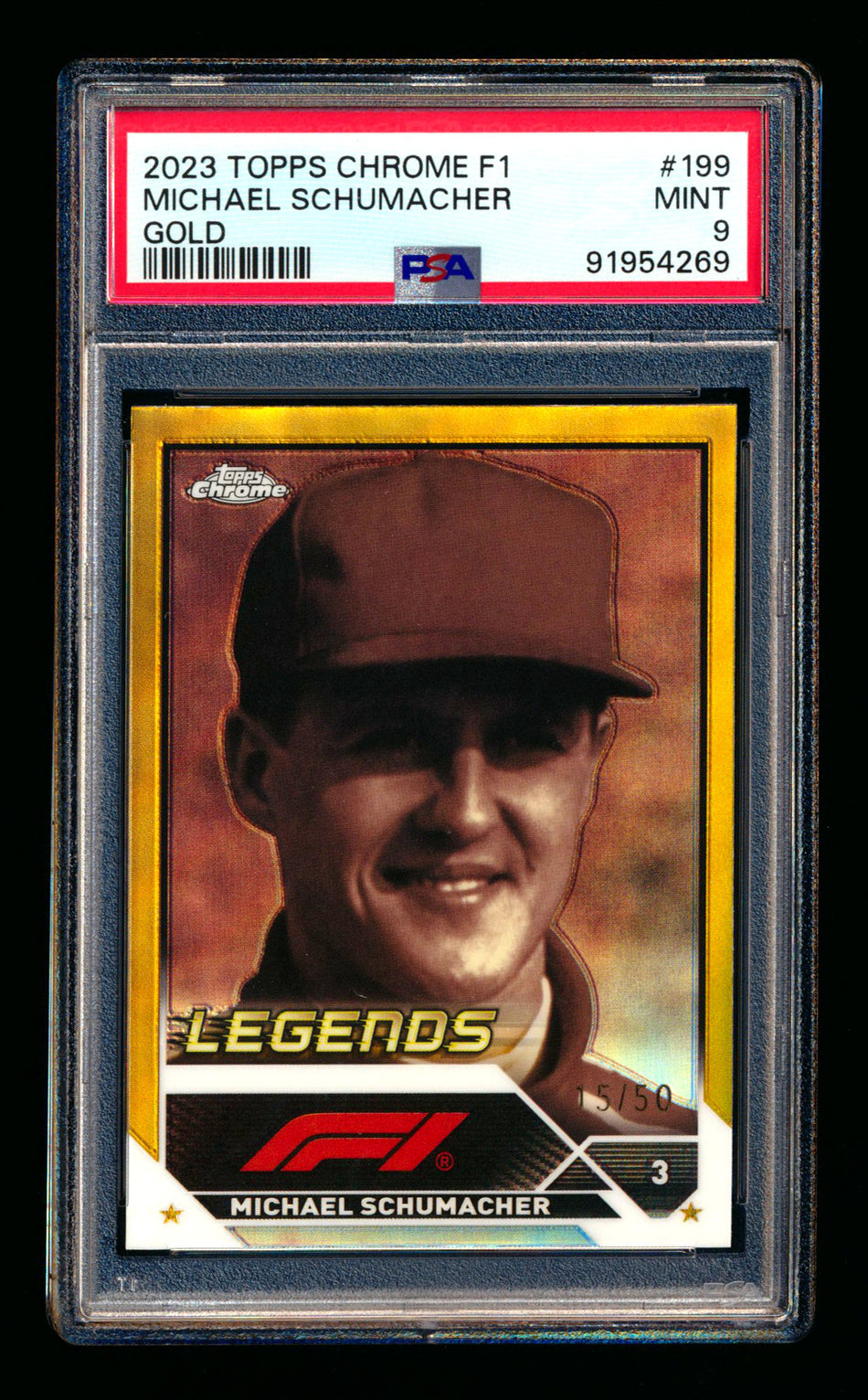 2023 Topps Chrome F1 #199 Michael Schumacher 1ST Year Gold Refractor #15/50 PSA 9