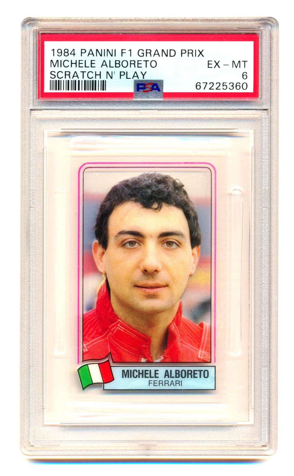 1984 Panini F1 Grand Prix Michele Alboreto RC Scratch N' Play PSA 6