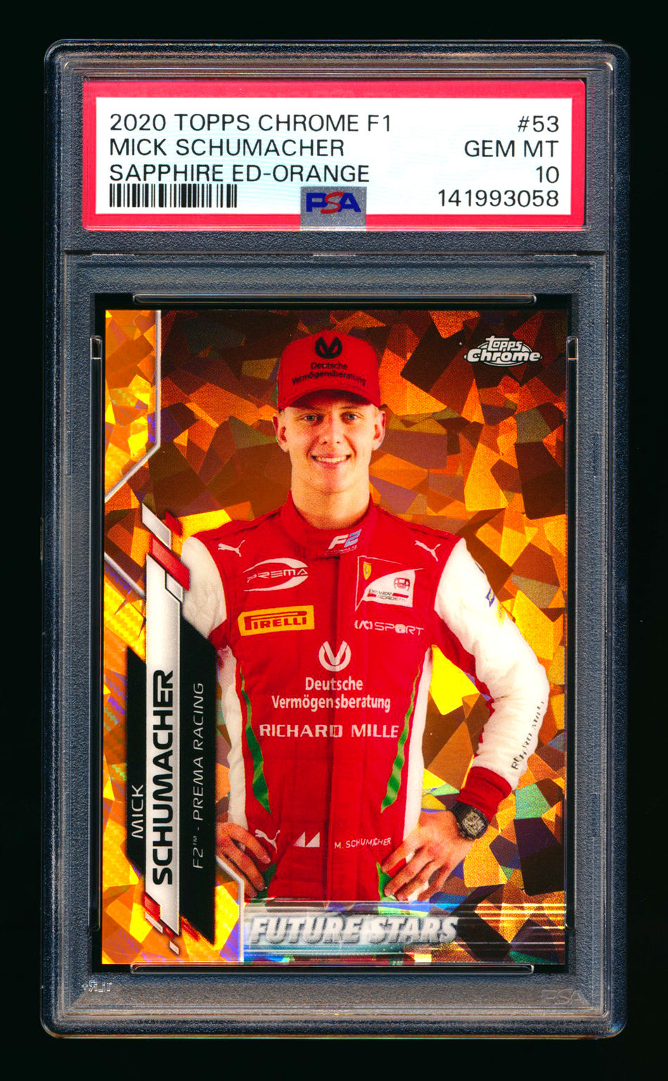 2020 Topps Chrome Sapphire F1 #53 Mick Schumacher RC Orange Refractor #08/25 PSA 10