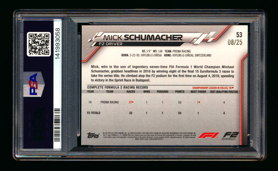 2020 Topps Chrome Sapphire F1 #53 Mick Schumacher RC Orange Refractor #08/25 PSA 10