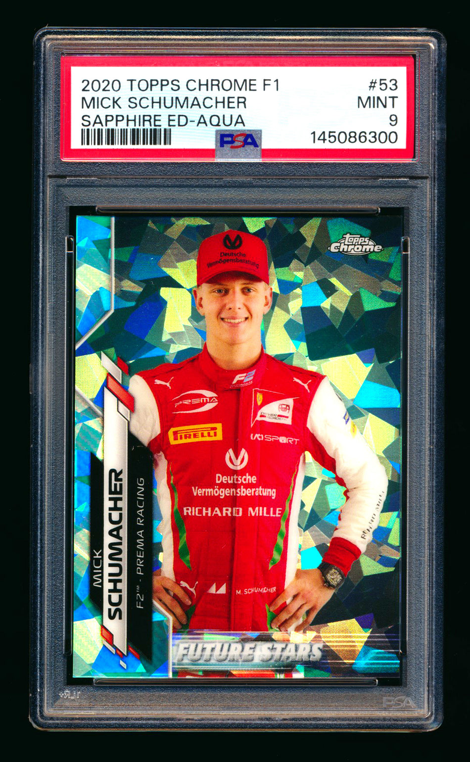2020 Topps Chrome Sapphire F1 #53 Mick Schumacher RC Aqua Refractor Portrait #11/99 PSA 9
