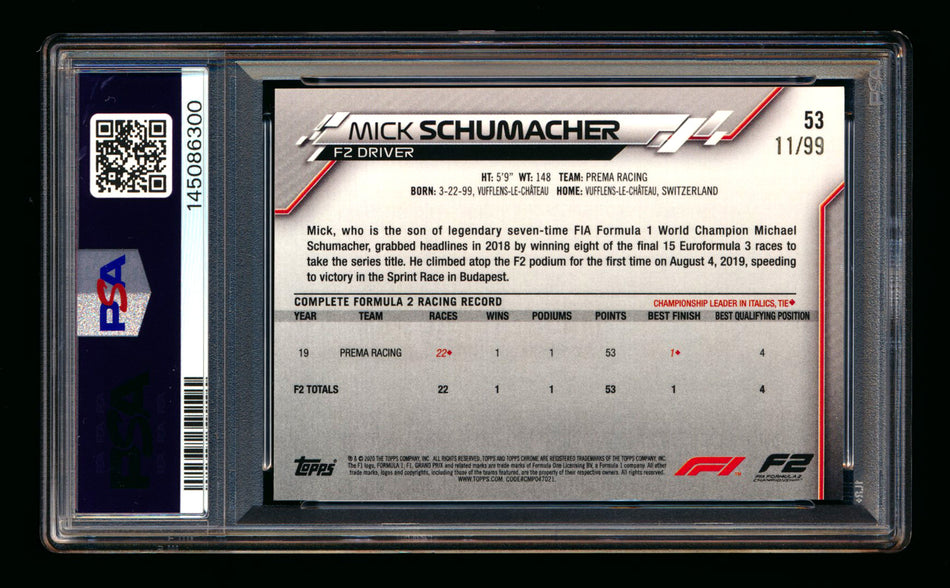 2020 Topps Chrome Sapphire F1 #53 Mick Schumacher RC Aqua Refractor Portrait #11/99 PSA 9