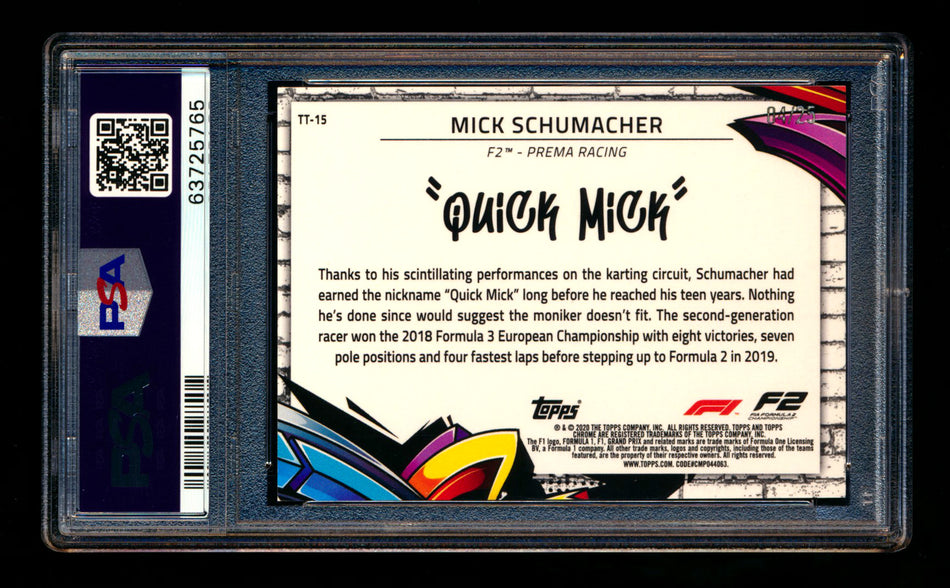 2020 Topps Chrome F1 Track Tags #TT-15 Mick "Quick Mick" Schumacher RC Orange Refractor #04/25 PSA 8 ** (SOLD - $1,049.00 - 8/16/2025) **