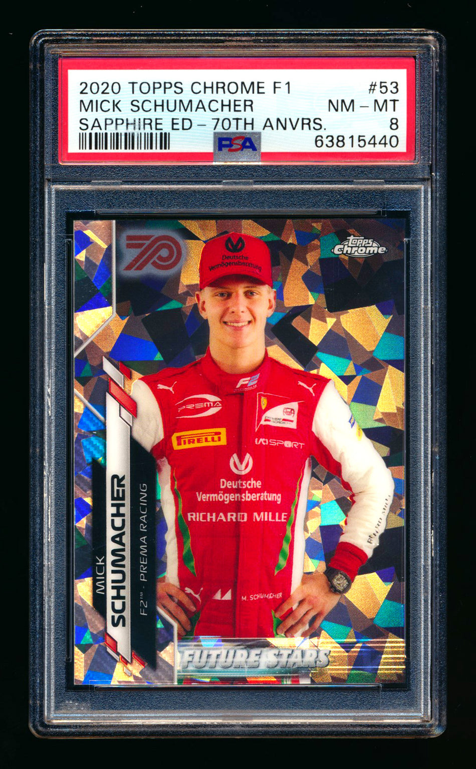 2020 Topps Chrome Sapphire F1 #53 Mick Schumacher RC 70th Silver Refractor #04/70 PSA 8 ** (SOLD - $49.00 - 10/23/2024) **