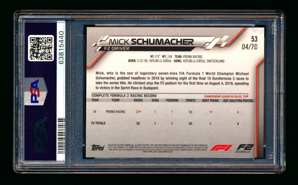 2020 Topps Chrome Sapphire F1 #53 Mick Schumacher RC 70th Silver Refractor #04/70 PSA 8 ** (SOLD - $49.00 - 10/23/2024) **