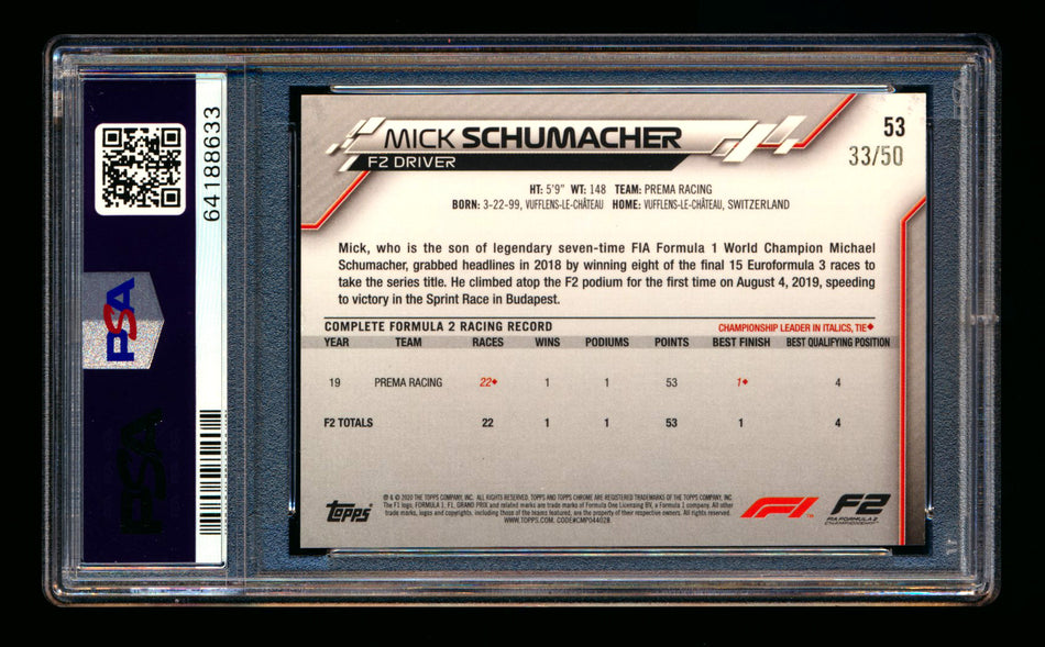 2020 Topps Chrome F1 #53 Mick Schumacher RC Gold Refractor #33/50 PSA 8