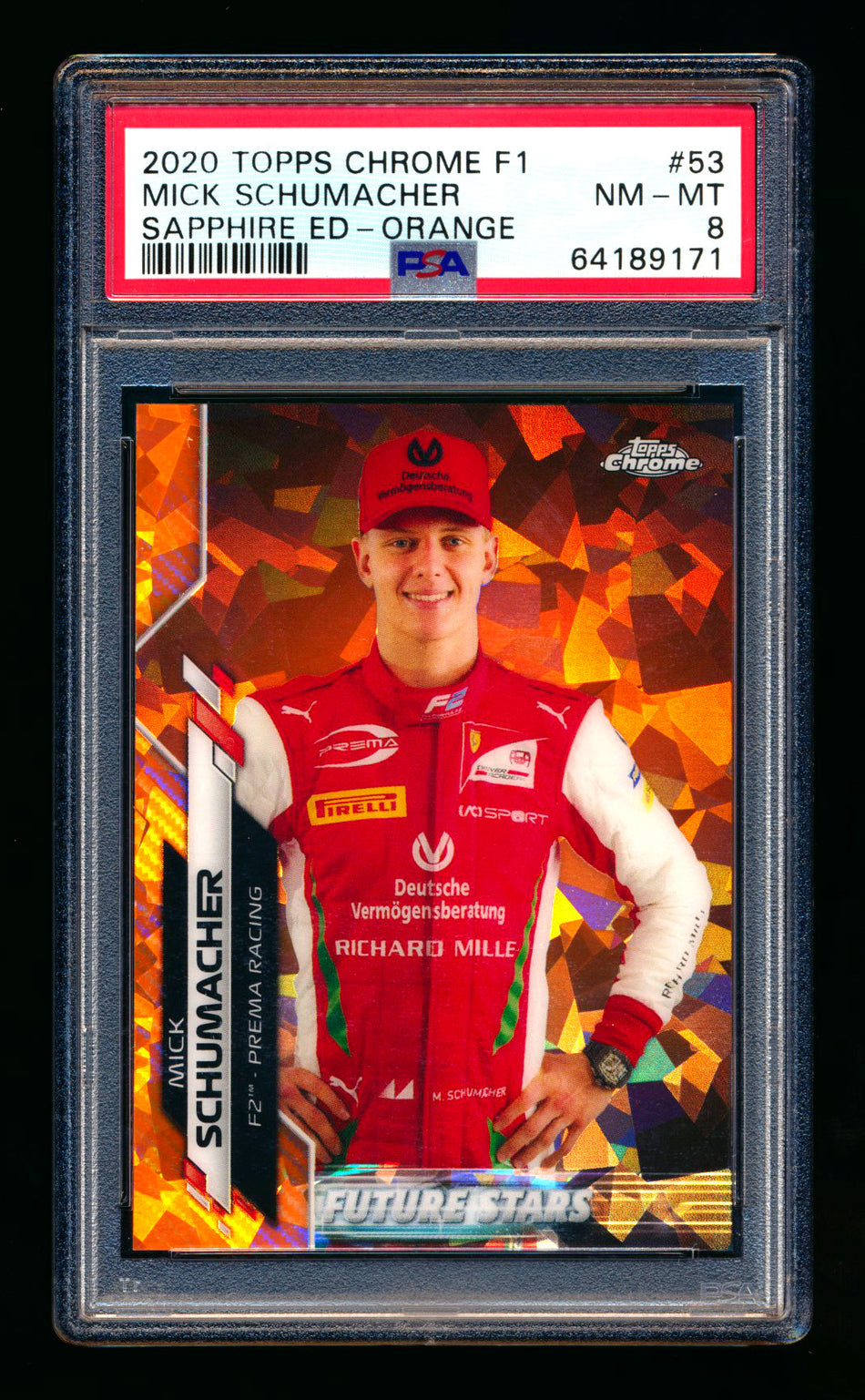 2020 Topps Chrome Sapphire F1 #53 Mick Schumacher RC Orange Refractor #23/25 PSA 8