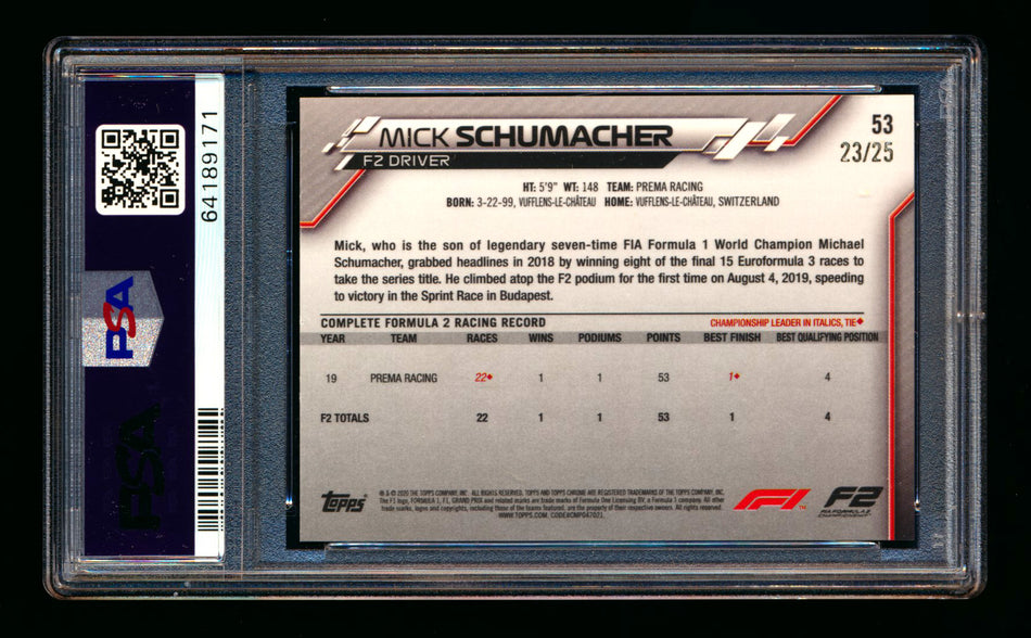 2020 Topps Chrome Sapphire F1 #53 Mick Schumacher RC Orange Refractor #23/25 PSA 8