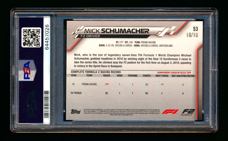 2020 Topps Chrome Sapphire F1 #53 Mick Schumacher RC Purple Refractor #10/10 PSA 9 (Last Number!) ** (SOLD - $695.00 - 1/11/2025) **