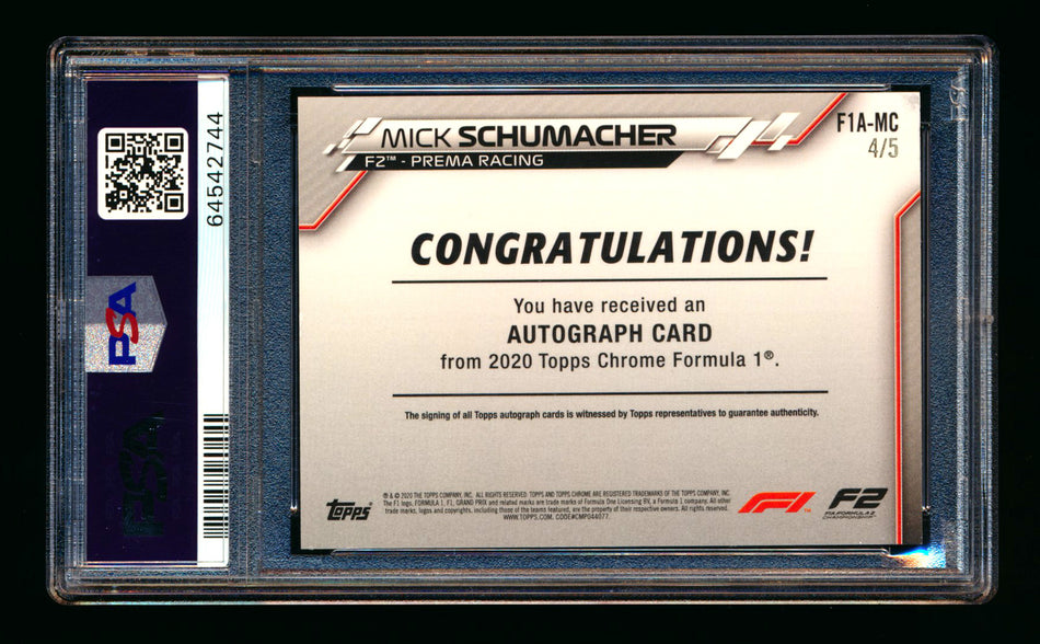 2020 Topps Chrome F1 #F1A-MC Mick Schumacher RC Red Refractor Autograph #4/5 PSA 8 DNA 9 ** (SOLD - $5,000.00 - 11/18/2025) **
