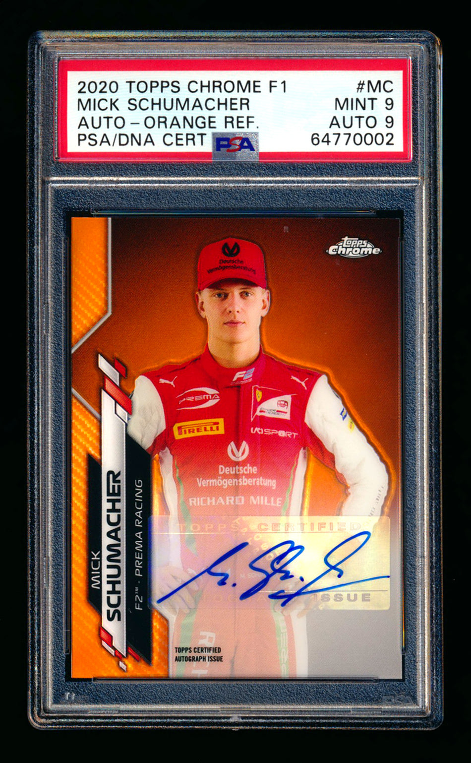 2020 Topps Chrome F1 #F1A-MC Mick Schumacher RC Orange Refractor Autograph #07/25 PSA 9 DNA 9