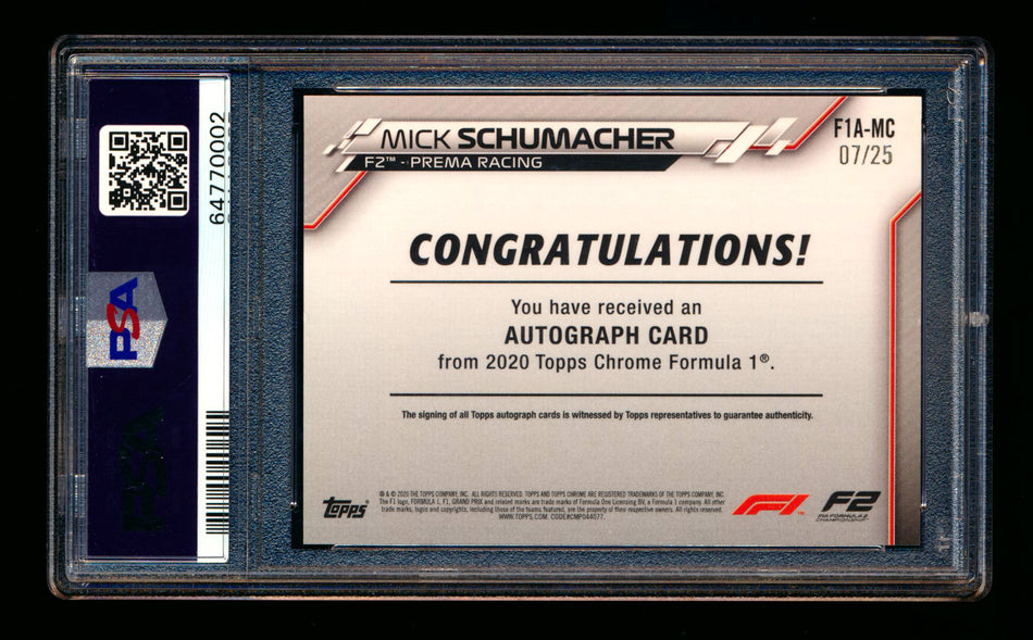 2020 Topps Chrome F1 #F1A-MC Mick Schumacher RC Orange Refractor Autograph #07/25 PSA 9 DNA 9