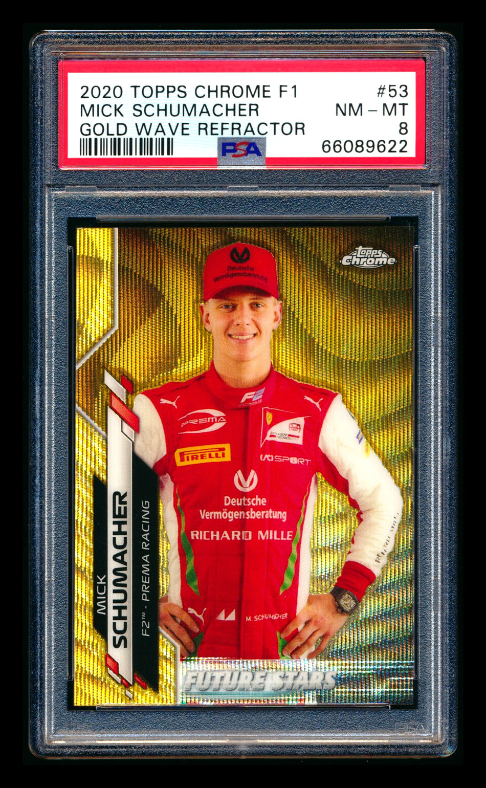2020 Topps Chrome F1 #53 Mick Schumacher RC Gold Wave Refractor #06/50 PSA 8