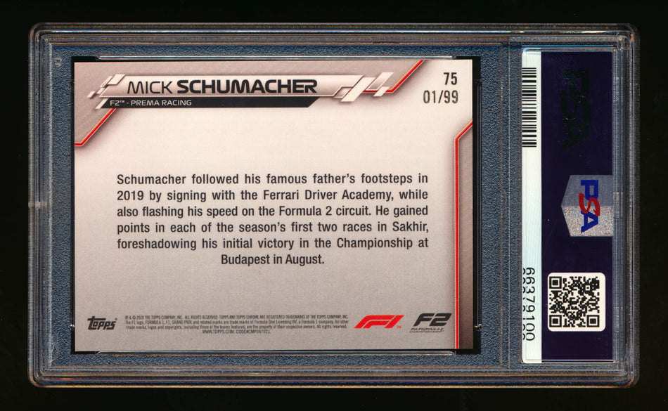 2020 Topps Chrome Sapphire F1 #75 Mick Schumacher RC Aqua Refractor #01/99 PSA 8 (First #!)