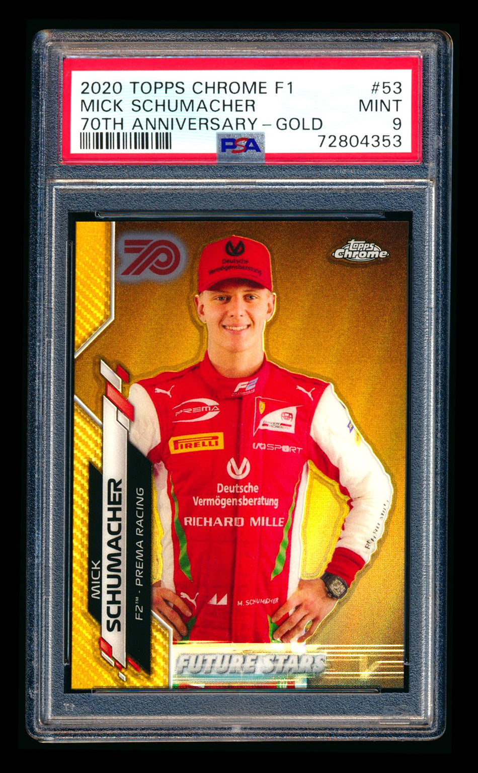 2020 Topps Chrome F1 #53 Mick Schumacher RC 70th Anniversary Gold Refractor PSA 9