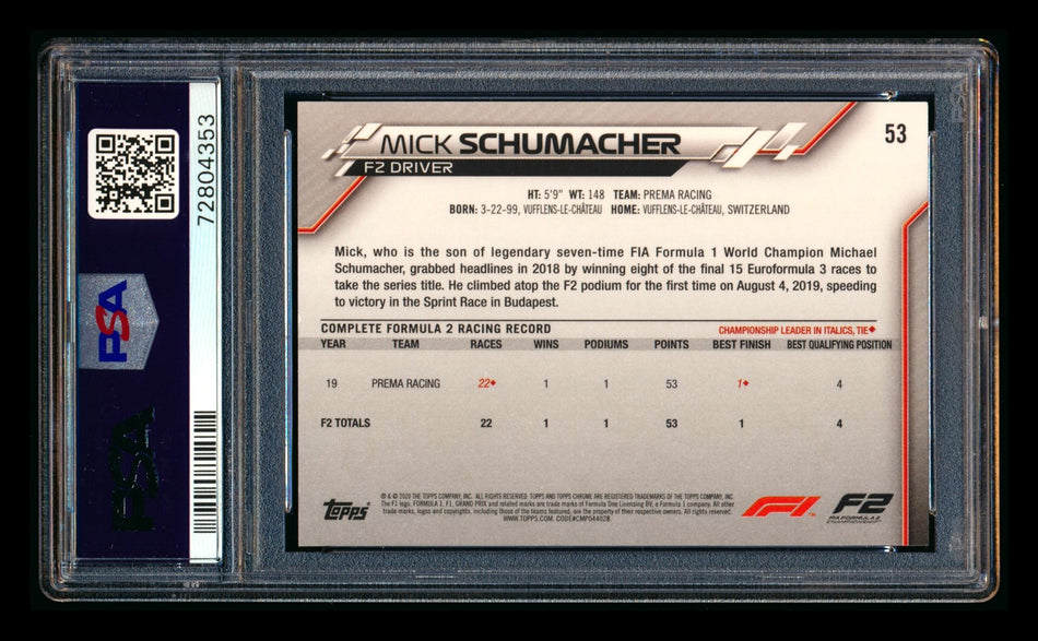 2020 Topps Chrome F1 #53 Mick Schumacher RC 70th Anniversary Gold Refractor PSA 9