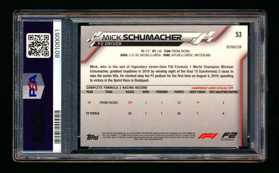 2020 Topps Chrome F1 #53 Mick Schumacher RC Refractor PSA 9