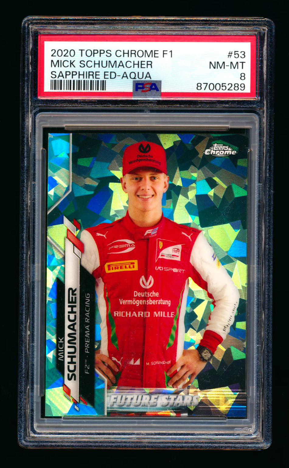 2020 Topps Chrome Sapphire F1 #53 Mick Schumacher RC Aqua Refractor #46/99 PSA 8