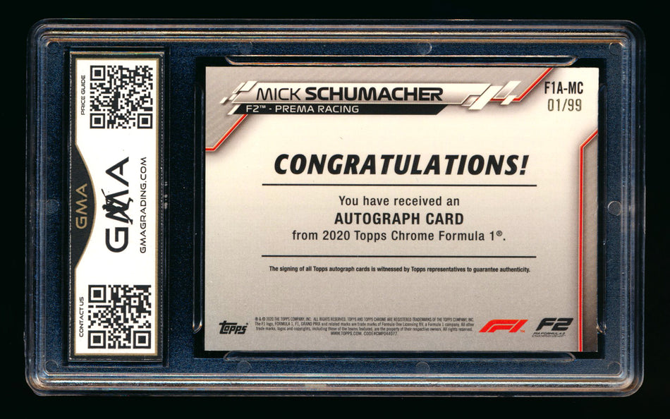 2020 Topps Chrome F1 #F1A-MC Mick Schumacher RC Refractor Autograph #01/99 GMA 10 (First #!)