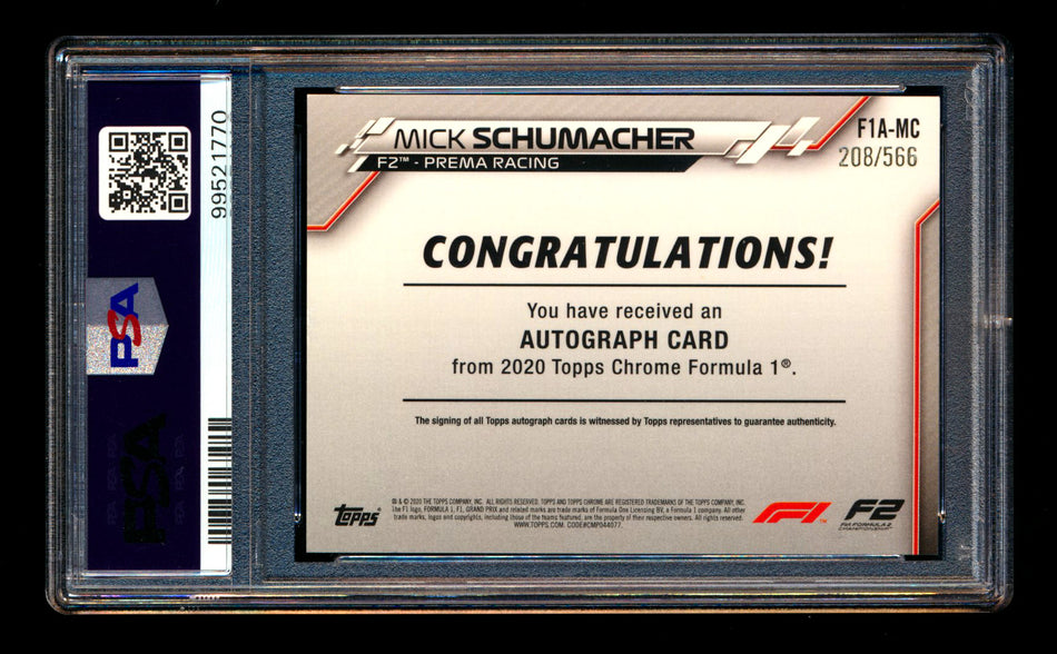 2020 Topps Chrome F1 #F1A-MC Mick Schumacher RC Refractor Autograph #208/566 PSA 6 DNA 10