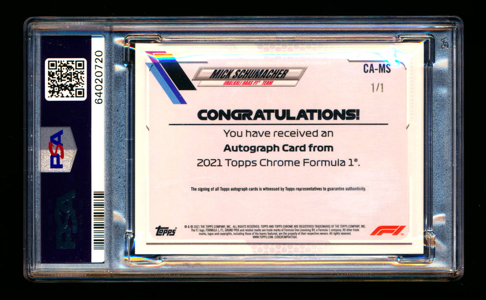 2021 Topps Chrome F1 #CA-MS Mick Schumacher RC Superfractor Autograph #1/1 PSA 10 DNA 10 ** (SOLD - $9000.00 - 7/19/2025) **