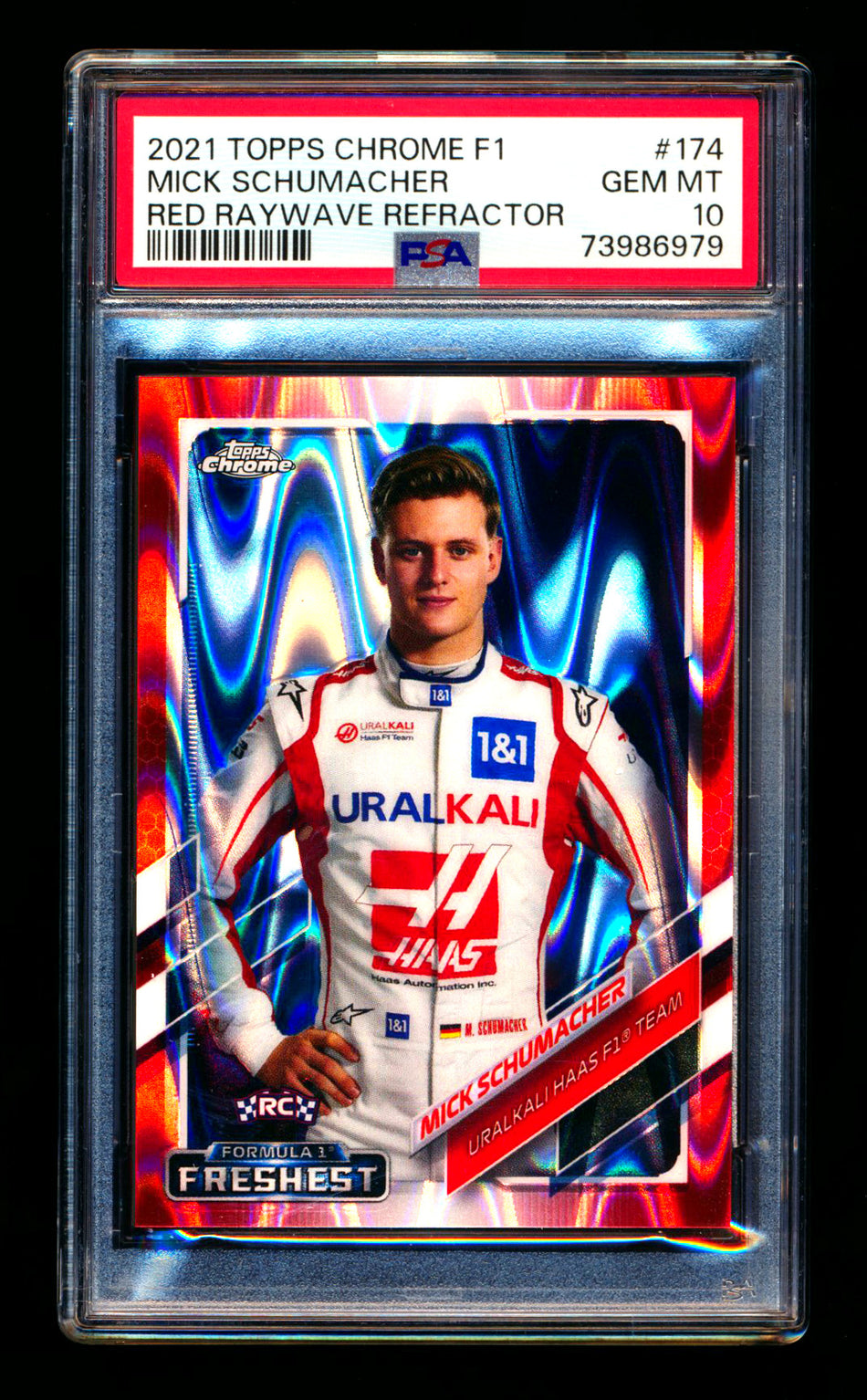 2021 Topps Chrome F1 #174 Mick Schumacher RC Red Raywave Refractor #4/5 PSA 10