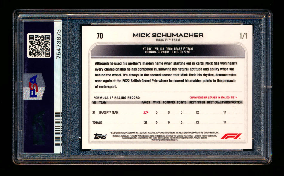 2022 Topps Chrome F1 #70 Mick Schumacher Black Raywave Refractor #1/1 PSA 9 - POP 1! ** (SOLD eBay - $295.00 - 1/19/2025) **