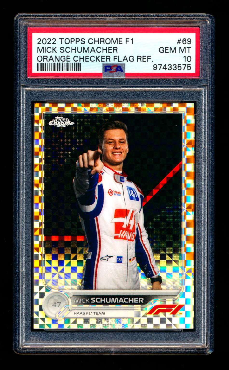 2022 Topps Chrome F1 #69 Mick Schumacher Orange Checker Flag Refractor Portrait #23/25 PSA 10