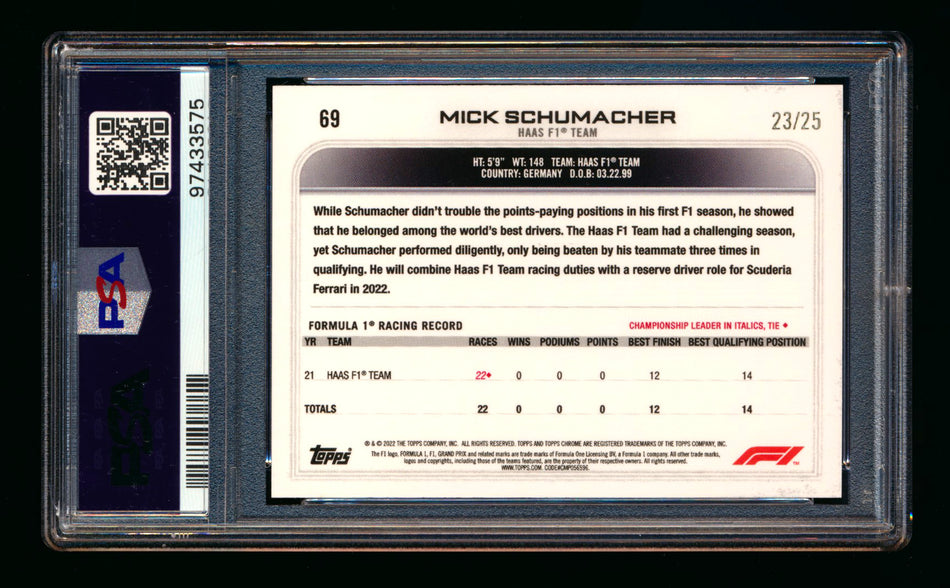 2022 Topps Chrome F1 #69 Mick Schumacher Orange Checker Flag Refractor Portrait #23/25 PSA 10