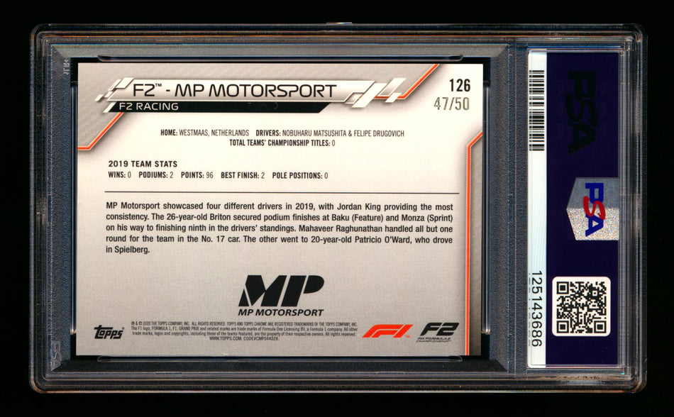 2020 Topps Chrome F1 #126 MP Motorsport Team Logo RC Gold Refractor #47/50 PSA 8