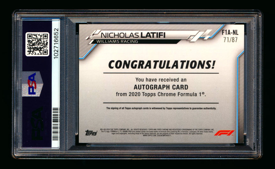 2020 Topps Chrome F1 #F1A-NL Nicholas Latifi RC Refractor Autograph #71/87 PSA 8