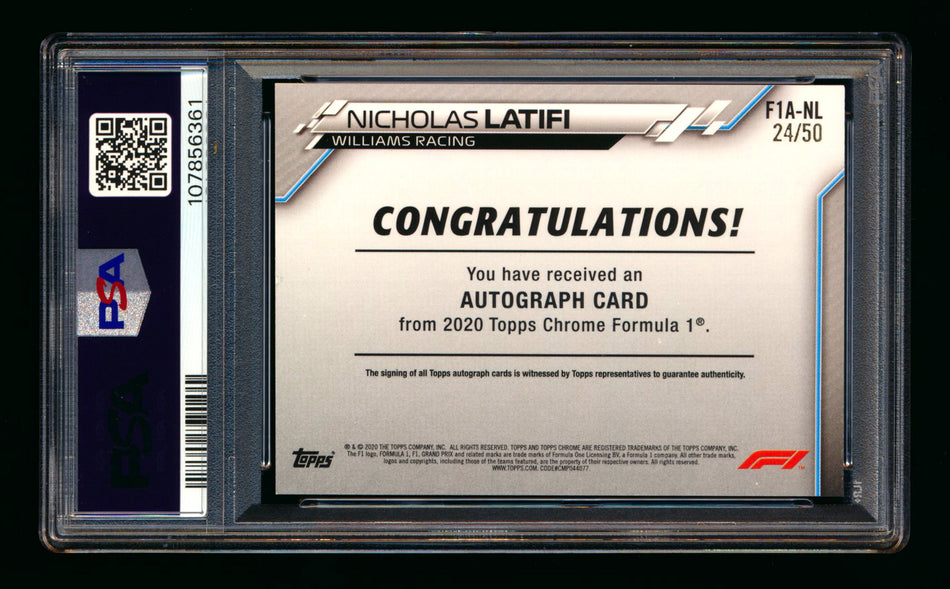 2020 Topps Chrome F1 #F1A-NL Nicholas Latifi RC Gold Wave Refractor Autograph #24/50 PSA 8