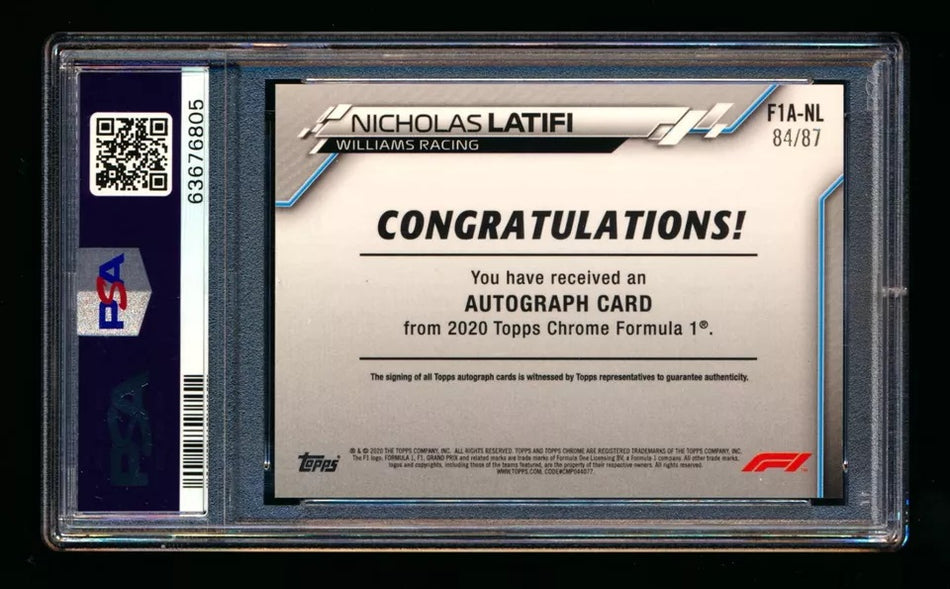 2020 Topps Chrome F1 #F1A-NL Nicholas Latifi RC Refractor Autograph #84/87 PSA 8