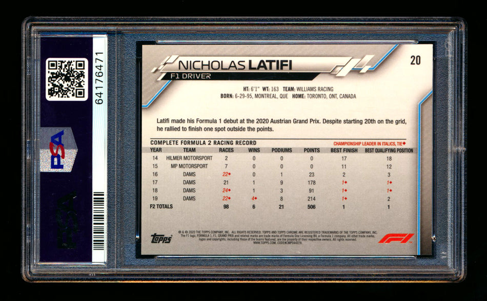 2020 Topps Chrome F1 #20 Nicholas Latifi RC 70th Anniversary Red Refractor Portrait PSA 9