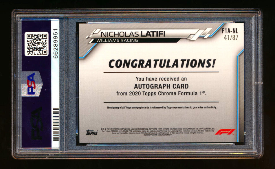 2020 Topps Chrome F1 #F1A-NL Nicholas Latifi RC Refractor Autograph #41/87 PSA 8 ** (SOLD - $219.00 - 10/23/2024) **