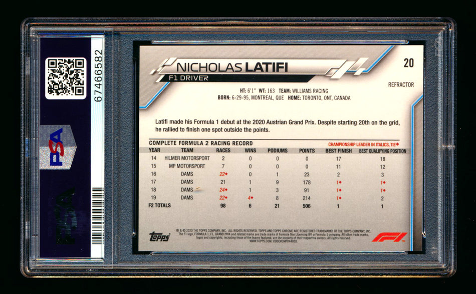 2020 Topps Chrome F1 #20 Nicholas Latifi RC Refractor Portrait PSA 10