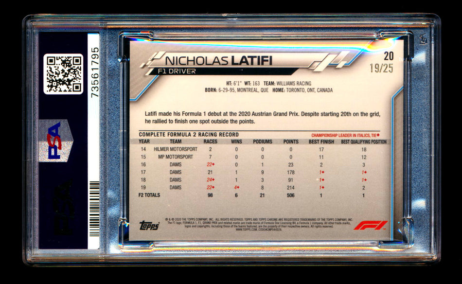 2020 Topps Chrome F1 #20 Nicholas Latifi RC Orange Refractor Portrait #19/25 PSA 7