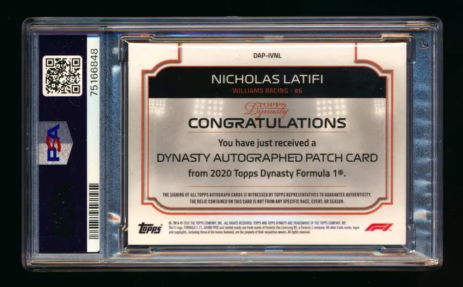 2020 Topps Dynasty F1 #DAP-IVNL Nicholas Latifi ROOKIE Red Patch Autograph #3/5 PSA 10 Gem Mint ** (SOLD - $550.00 - 12/13/2024) **