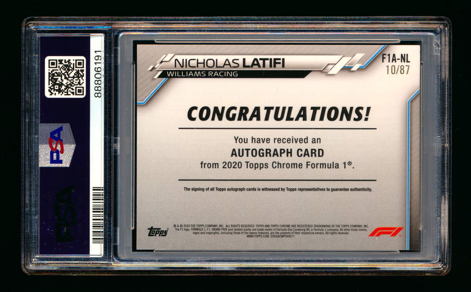 2020 Topps Chrome F1 #F1A-NL Nicholas Latifi RC Refractor Autograph #10/87 PSA 9