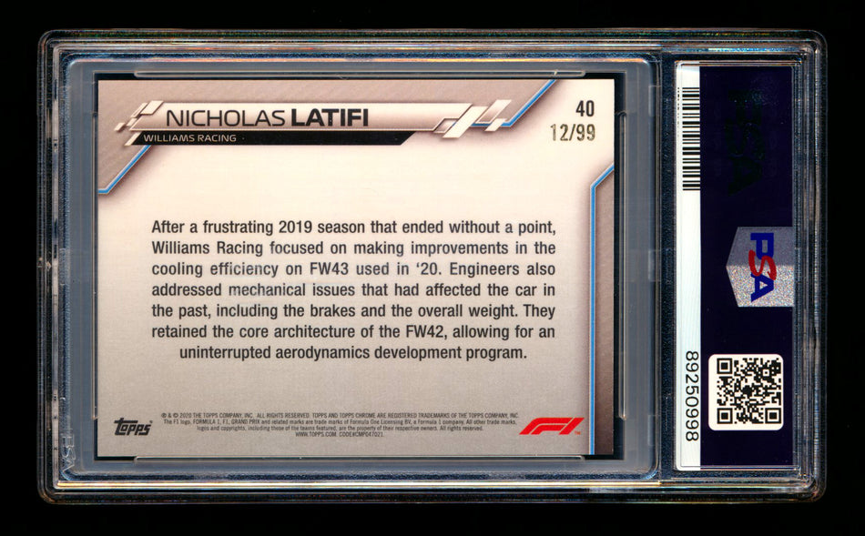 2020 Topps Chrome Sapphire F1 #40 Nicholas Latifi RC Aqua Refractor #12/99 PSA 10