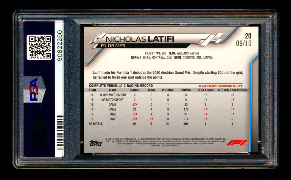 2020 Topps Chrome Sapphire F1 #20 Nicholas Latifi RC Purple Refractor Portrait #09/10 PSA 7