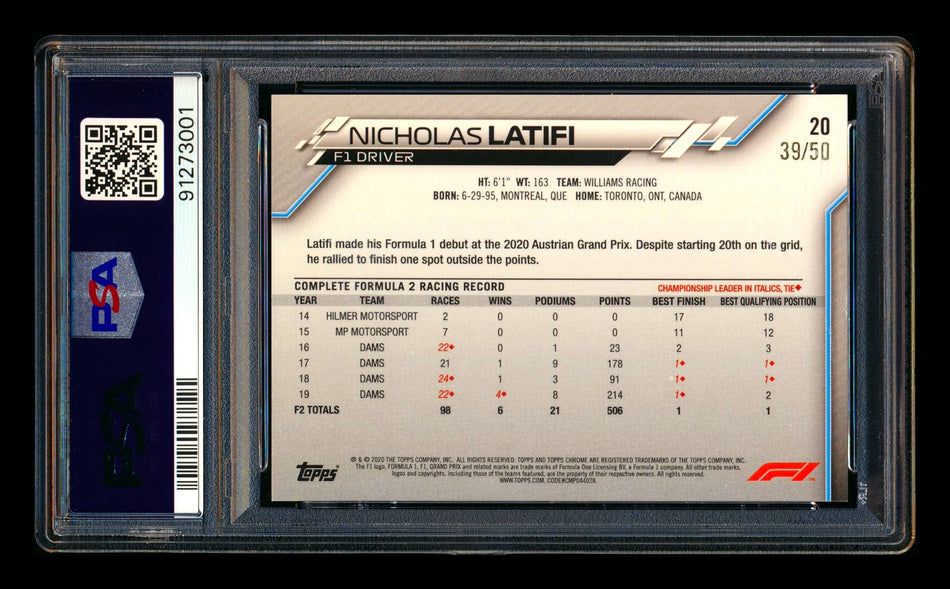 2020 Topps Chrome F1 #20 Nicholas Latifi RC Gold Refractor Portrait #39/50 PSA 8 ** (SOLD - $695.00 - 8/14/2026) **